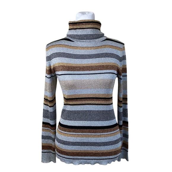 Vintage 70s 80s Metallic Lurex Striped Turtleneck Sweater Gold Silver Bronze - Picture 10 of 16